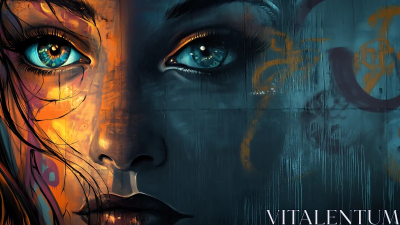 Neon-eyed portrait splits warm graffiti from cool shadow