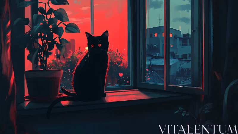 Midnight-eyed window cat in glowing neon dusk hush.