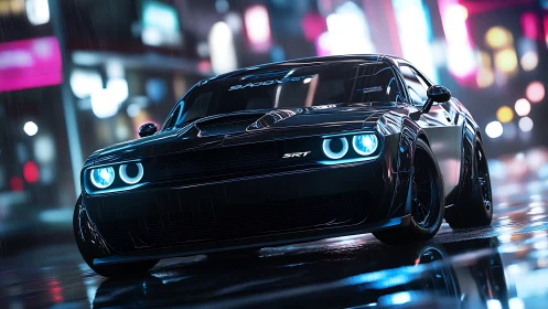Neon-illuminated SRT muscle car in rain-soaked urban motion.