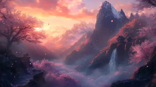Sunset-lit cherry blossom valley frames temple above mist waterfall