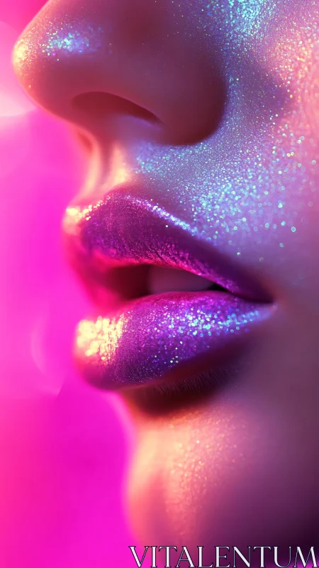 Neon closeup of glitter lips in vivid magenta light.