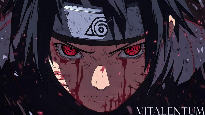 Scarlet-eyed anime warrior confronts battle in burning calm