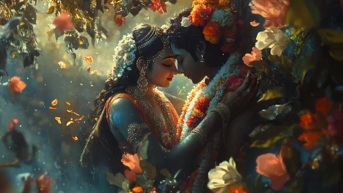 Divine Lovers Adorned in Floral Splendor Within Golden Luminescence.