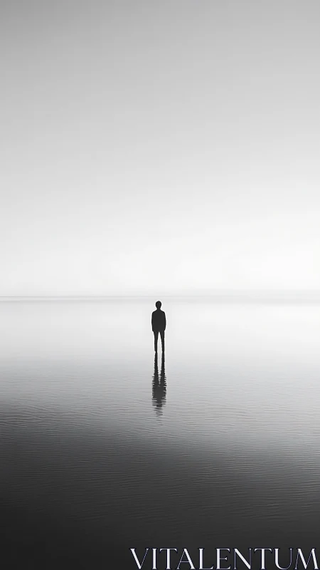 Solitary figure stands in vast reflective monochrome horizon.