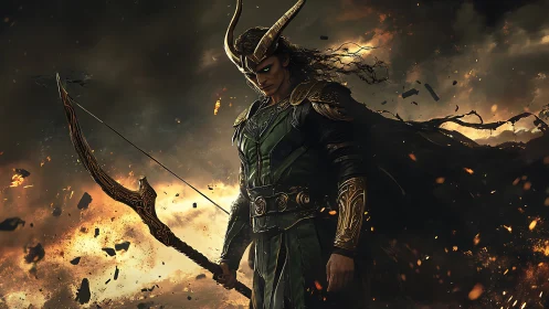 Armored trickster archer amid incendiary atmospheric rupture.