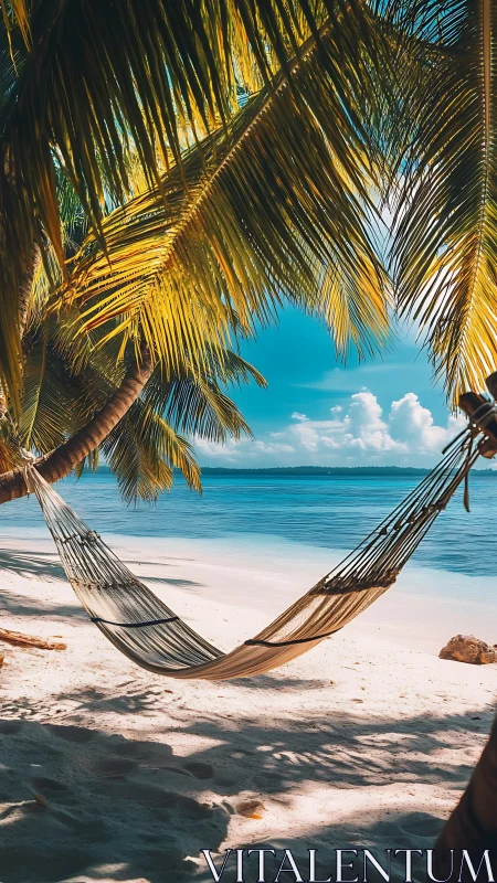 Tropical beach view framed by palm fronds and hammock