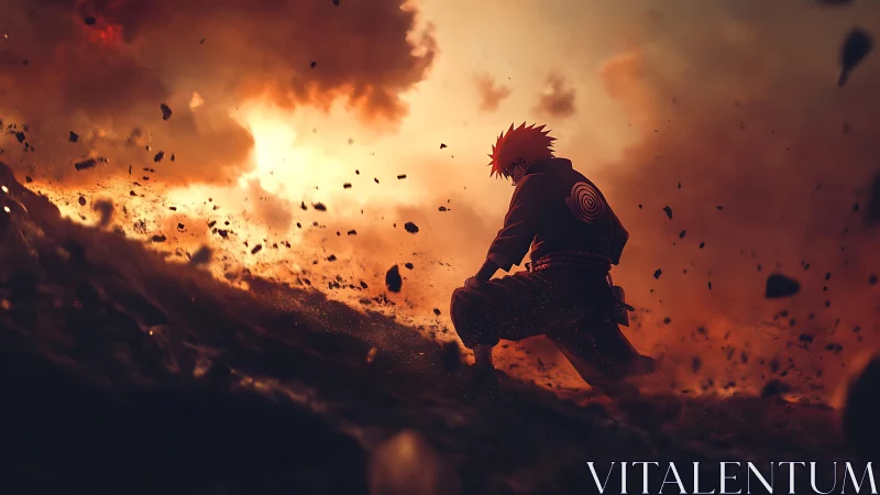 Fiery anime warrior kneels in a storm of glowing embers.