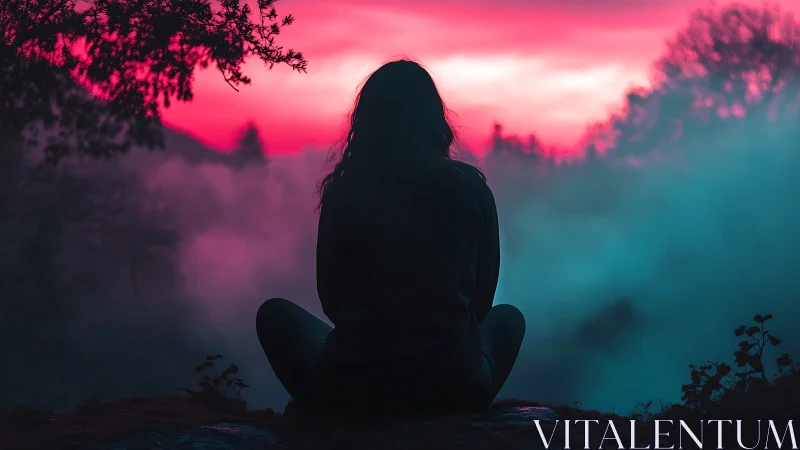 Silhouetted woman meditates before neon misty sunset