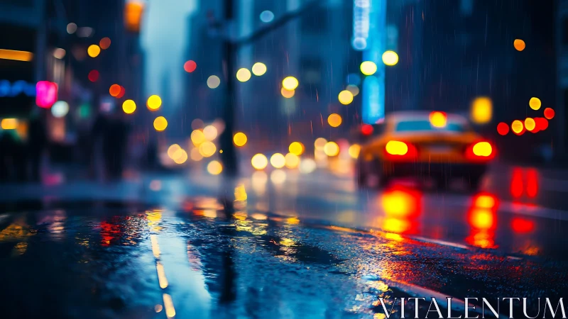Rain-soaked city street with taxi bokeh and neon reflections