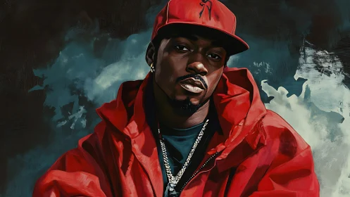 Chromatic portrait of streetwear figure in red shell jacket.