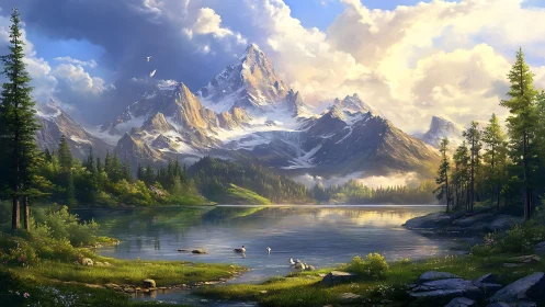 Snowy mountain peaks over calm forest lake at sunrise.