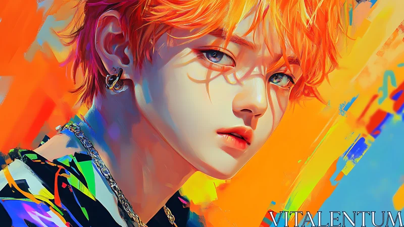 Neon-lit portrait of orange-haired youth in vivid abstract field.