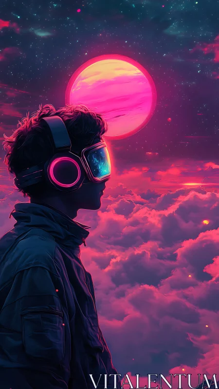 Neon sky wanderer with VR visor over magenta cloud horizon