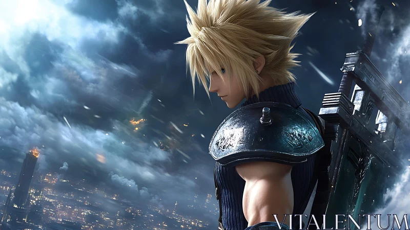 Heroic swordsman in wind-swept cyber skyscape with detailed armor