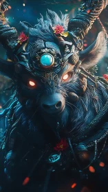 Mythic horned beast in ornate bioluminescent armor with ember glow