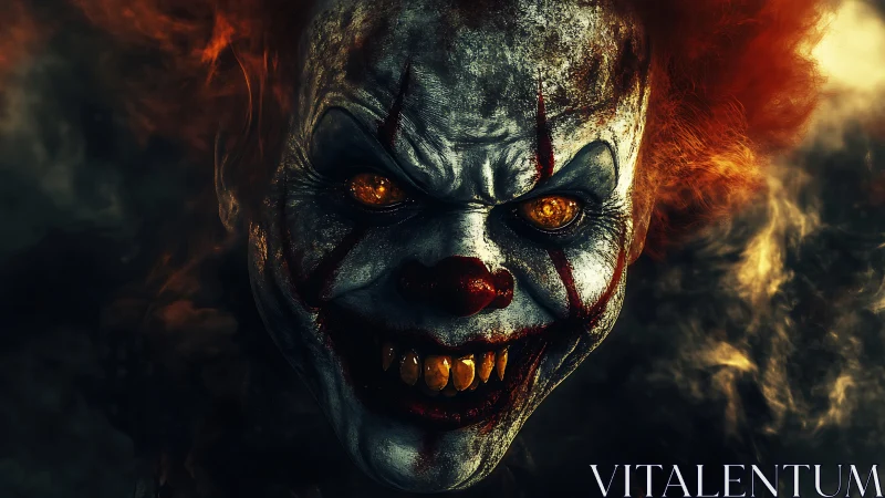 Demonic clown portrait glows through smoke with burning eyes