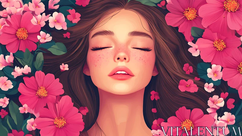 Soft daydream among bright blossoms and quiet petals.