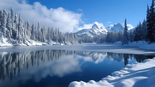 Pristine alpine lake mirroring snow‑clad evergreen peaks.