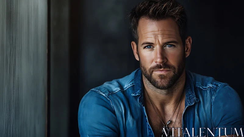 Steady blue-eyed gaze in relaxed denim and soft light.