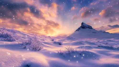 Snow-covered mountain plain under pastel sunset sky.