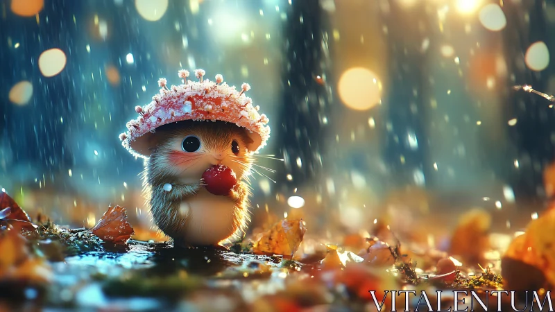 Small rodent-like creature holds red fruit under rain shower