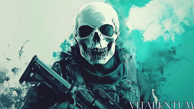 Skull-masked soldier emerges from teal battlefield mist.
