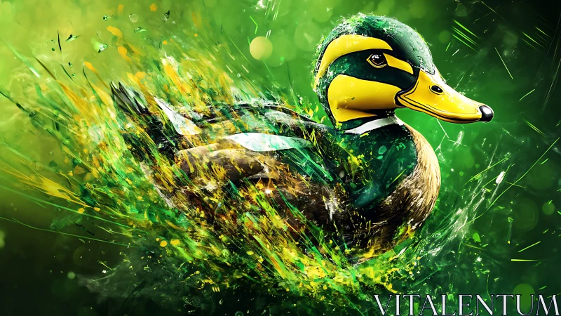 Exploding green duck illustration bursts with kinetic motion.
