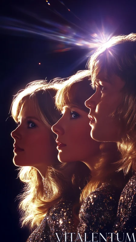 Triple-profile studio portrait with dramatic rim lighting effects