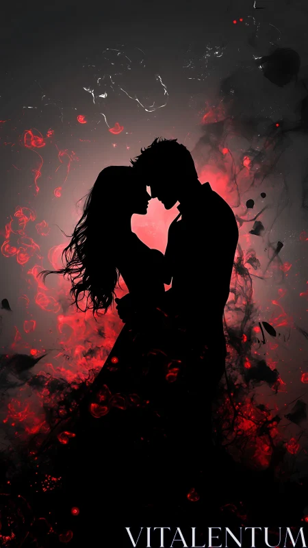 Silhouetted Couple Kissing in Fiery Red Ethereal Light