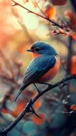 Luminous songbird perched amid autumn bokeh glow.
