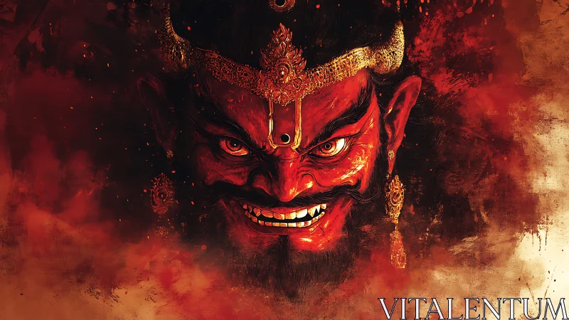 Demonic red face with ornate crown in fiery abstraction.