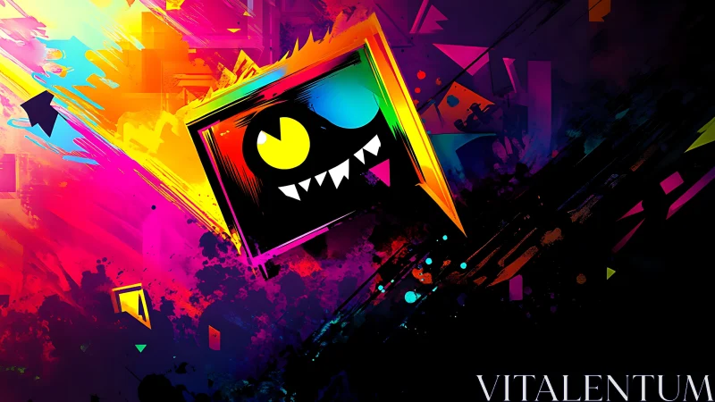 Neon glitch gremlin bursts from a kaleidoscope void.