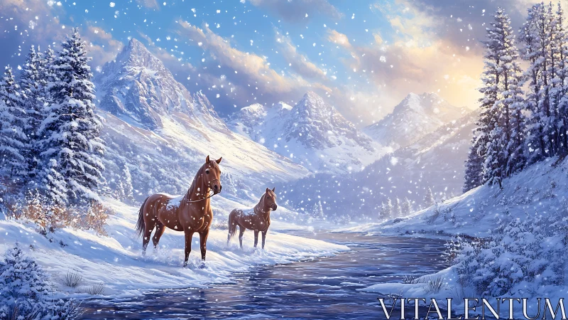 Horses stand in snowy alpine valley beside reflective river