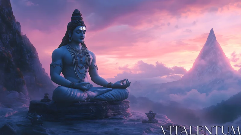 Mythic yogic deity rendered in volumetric Himalayan twilight.