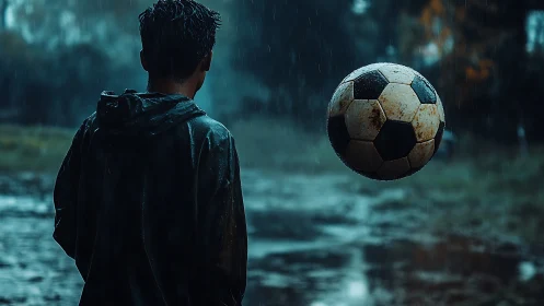 Boy in rain jacket watching worn football in midair.