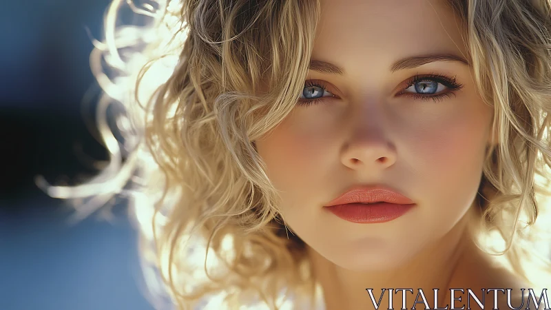 Sunlit portrait of blue‑eyed woman with soft curls.