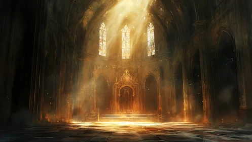 Sunlit gothic cathedral interior glows with ethereal dust