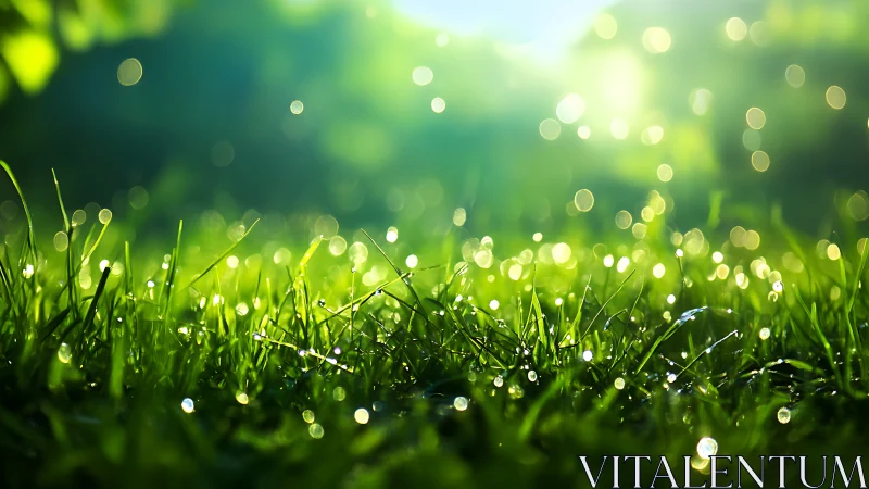 Morning dew sparkles across fresh green grass blades
