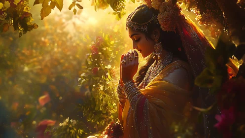 Sun-drenched goddess in jeweled sari, whispering to dawn.