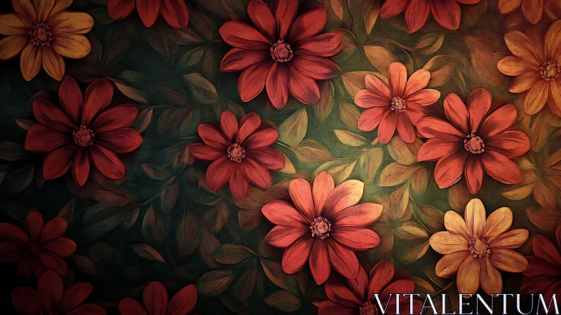 Warm Floral Composition with Red and Orange Dahlias.