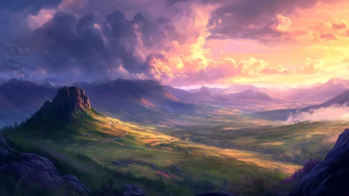 Sunlit valley landscape under stormlit violet clouds.