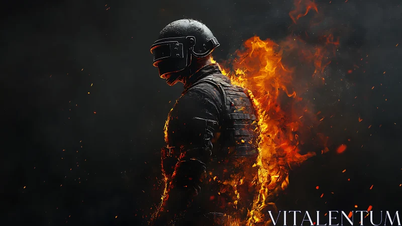Armored tactical soldier ignites in roaring orange flames