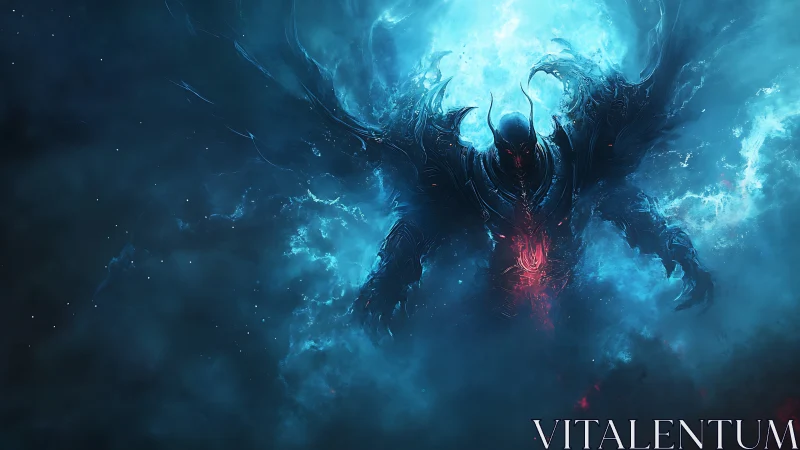 Dark armored figure emerging within blue cosmic mist.