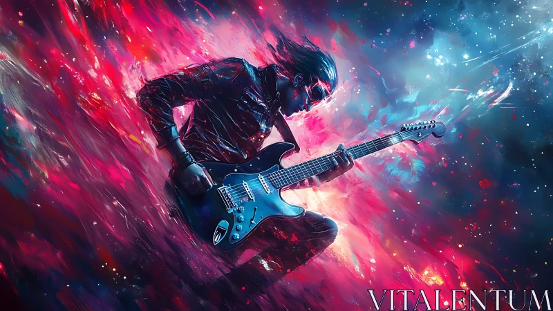 Cosmic guitarist immersed in neon spectral energy field.