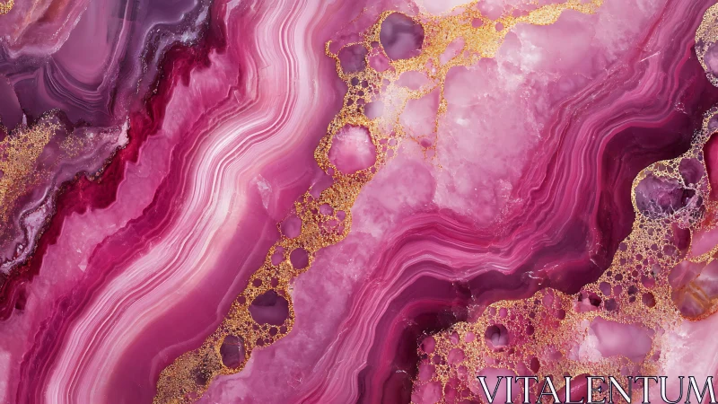 Vivid Pink Agate Stone Texture with Gold Veining, Abstract Art.
