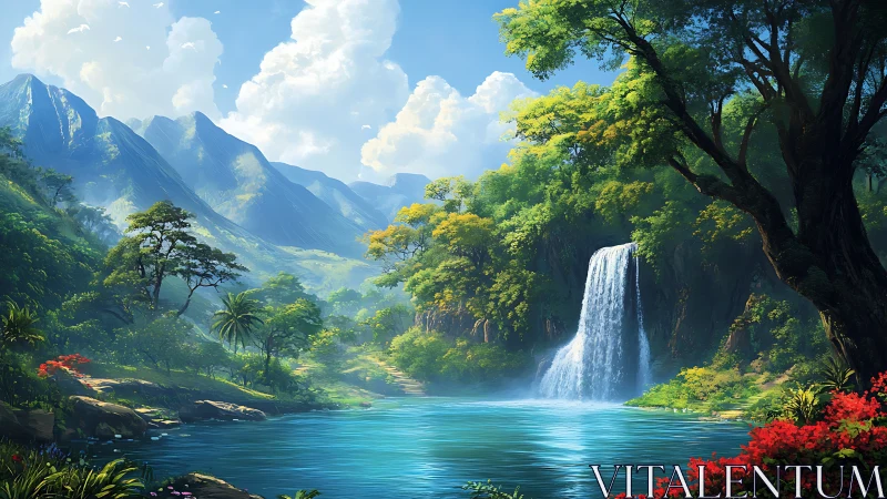 Sunlit rainforest waterfall beside turquoise valley lake.