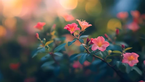 Pink blossoms on leafy stems with blurred bokeh background.