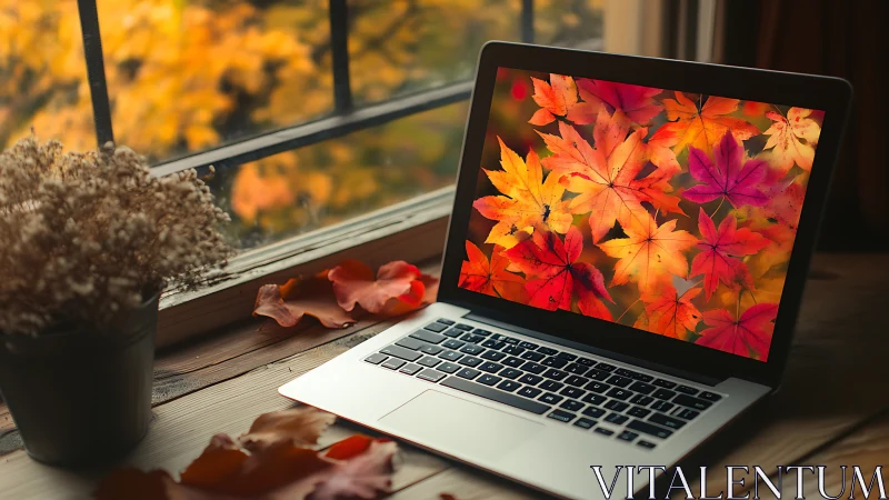 Laptop displays vivid autumn leaves beside rustic window.