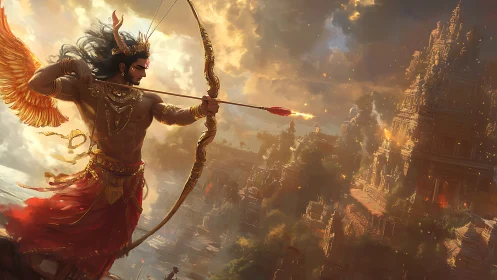 Winged archer draws flaming arrow toward distant temple complex