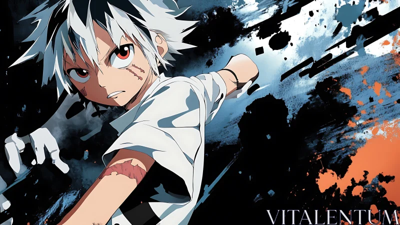 Dynamic anime fighter lunges through abstract ink-splash background